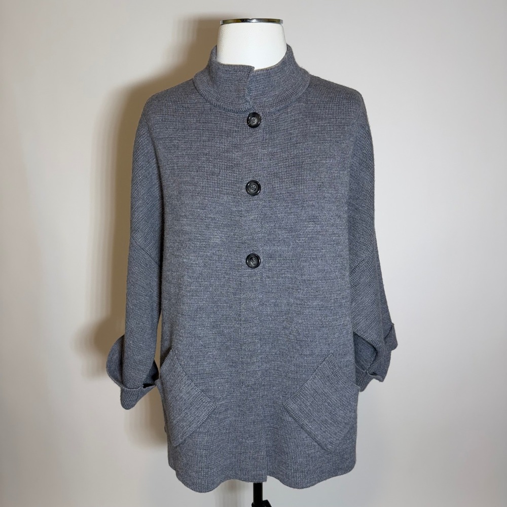 COCOGIO Merino Wool Blend 3/4 Dolman Sleeve Cardigan Sweater Gray Womens Large